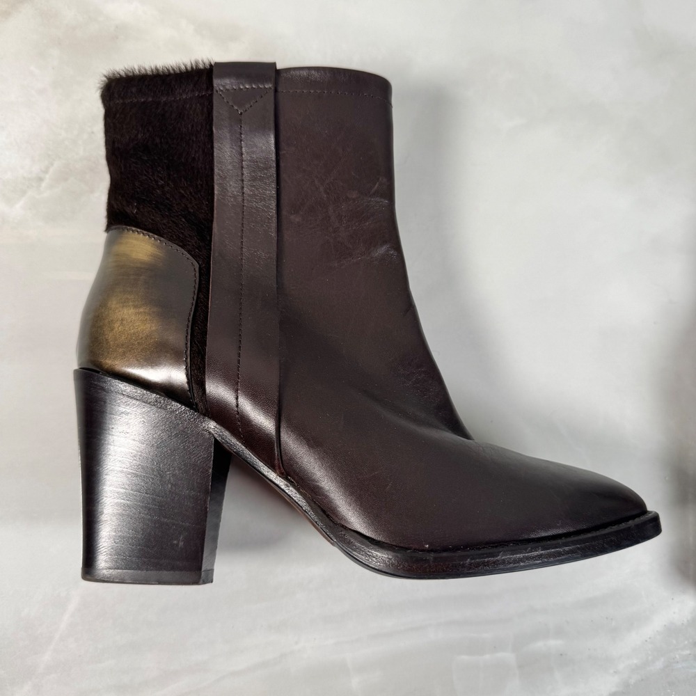 Aquatalia by Marvin K Brown Mixed Media Ankle Boot Leather Fur Iridescent Heel 7